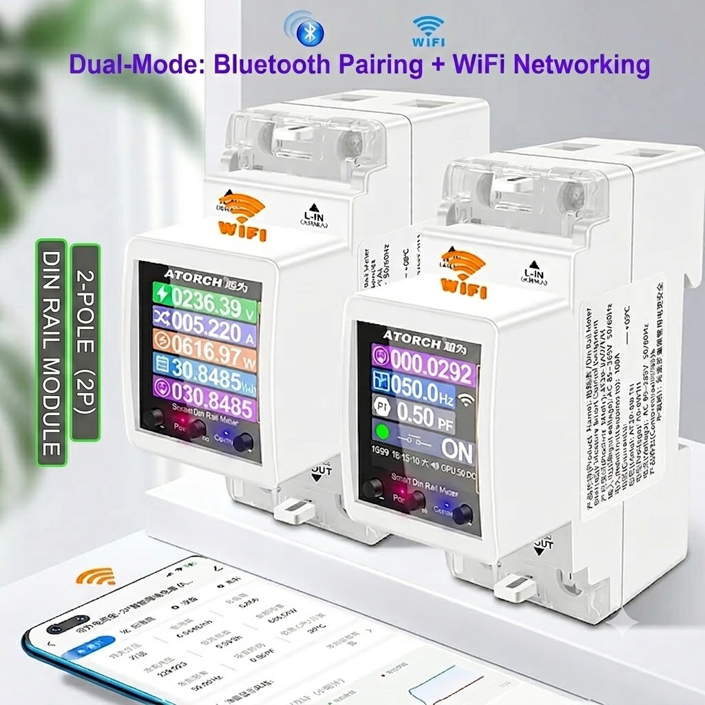 WiFi-s okos villanyóra (Tuya) – egyfázisú DIN-sínes fogyasztásmérő, távkapcsolóval, kéttarifás, 100A, színes kijelző