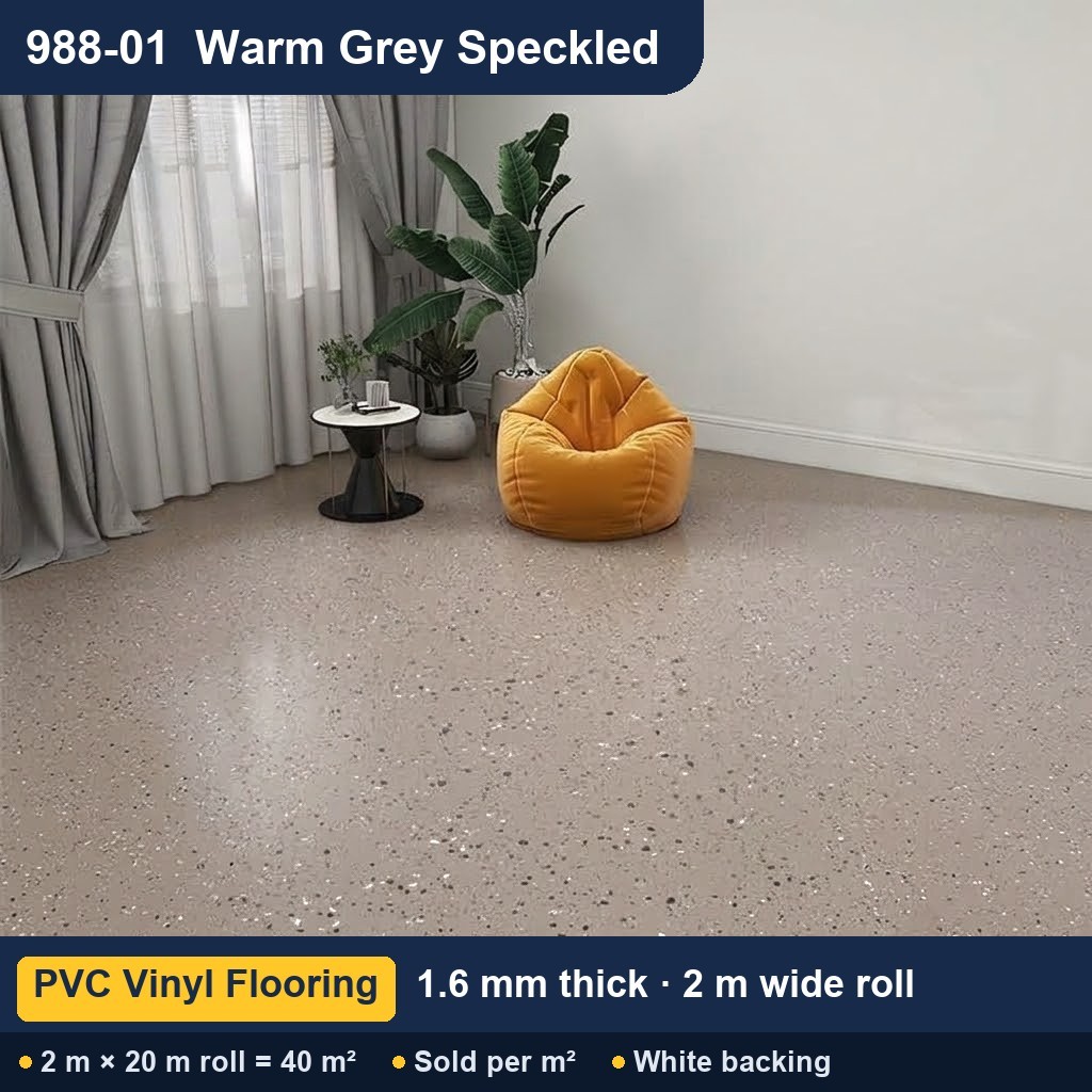 Közületi tömör hátoldalú PVC padló – 988-01 melegszürke pöttyös – 1,6 mm – 2 m széles