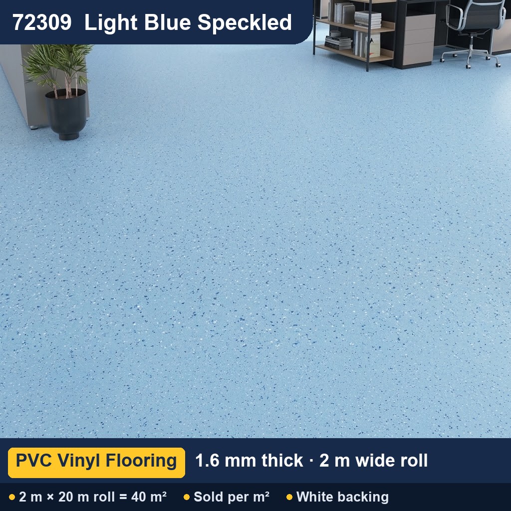 Közületi tömör hátoldalú PVC padló – 72309 világoskék pöttyös – 1,6 mm – 2 m széles