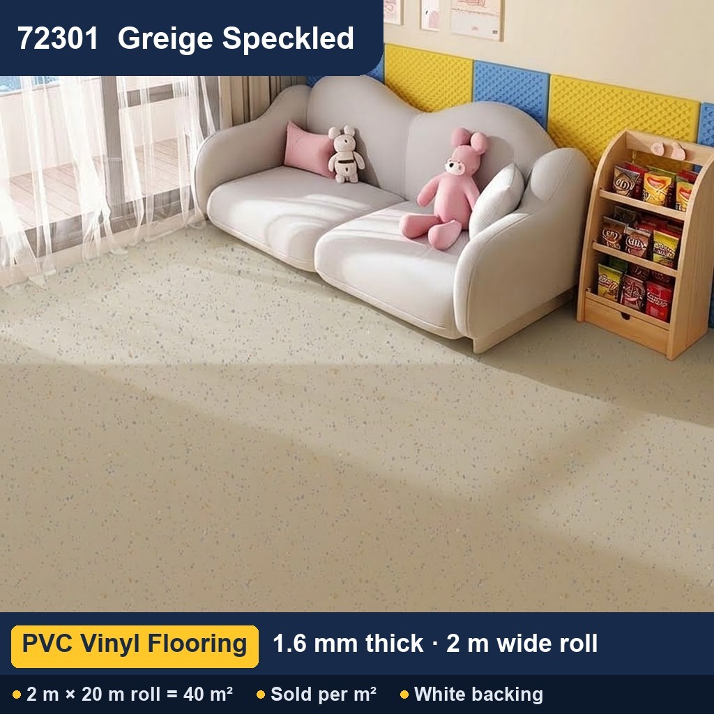 Közületi tömör hátoldalú PVC padló – 72301 szürkésbézs pöttyös – 1,6 mm – 2 m széles
