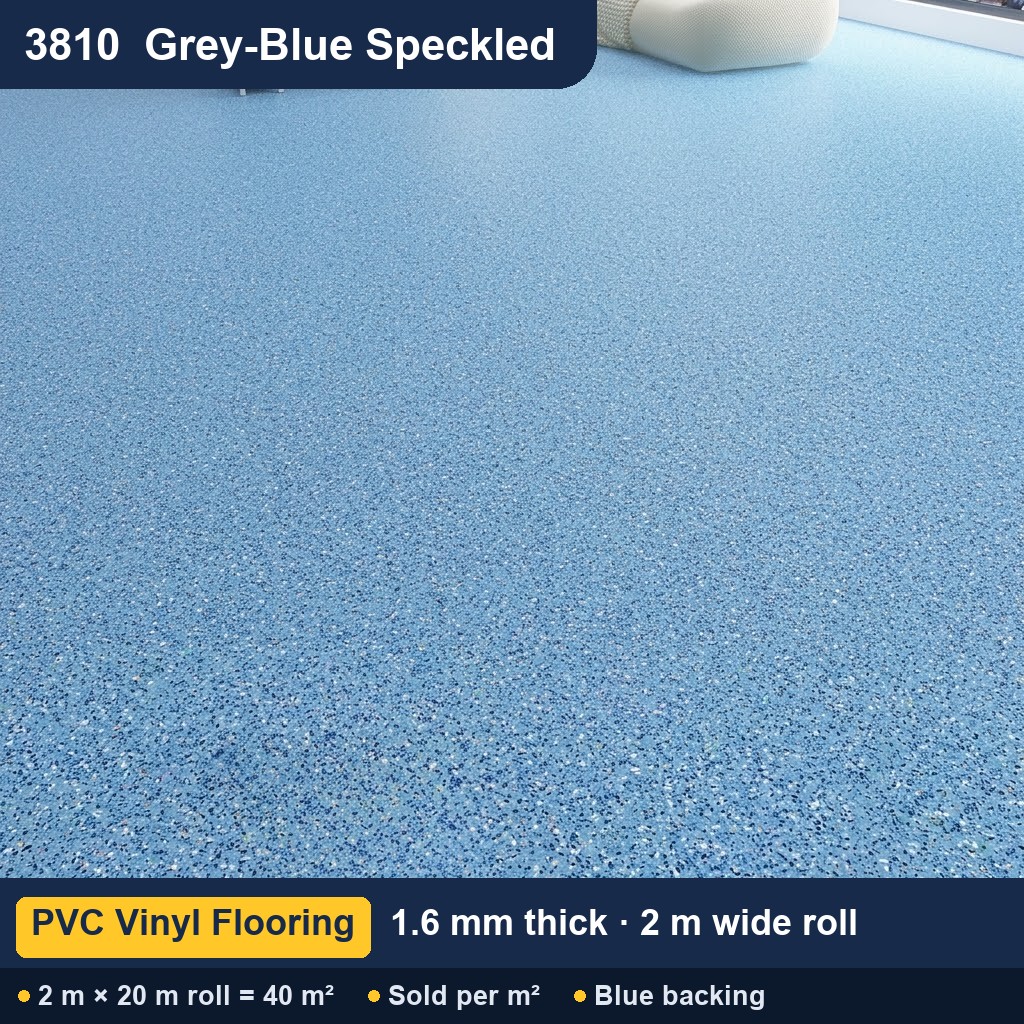 Közületi tömör hátoldalú PVC padló – 3810 szürkéskék pöttyös – 1,6 mm – 2 m széles