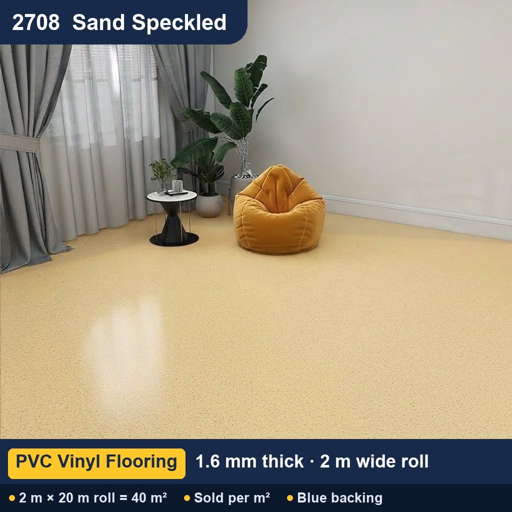 Közületi tömör hátoldalú PVC padló – 2708 homokszínű pöttyös – 1,6 mm – 2 m széles