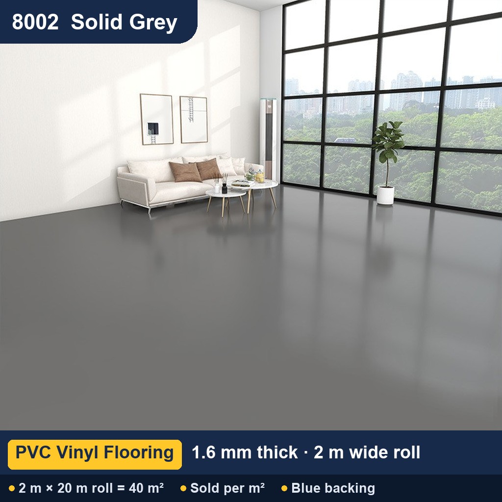 Közületi tömör hátoldalú PVC padló – 8002 egyszínű szürke – 1,6 / 2,0 mm (0,25 mm kopóréteg) – 2 m széles