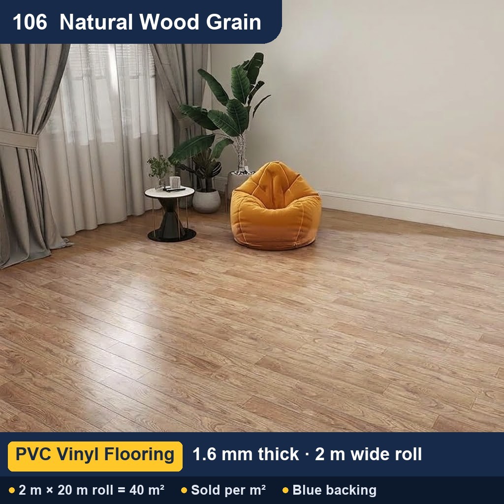 Közületi tömör hátoldalú PVC padló – 106 natúr famintás – 1,6 mm – 2 m széles