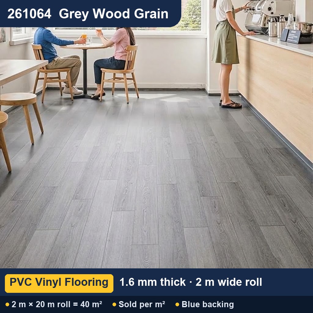 Közületi tömör hátoldalú PVC padló – 261064 szürke famintás – 1,6 mm – 2 m széles