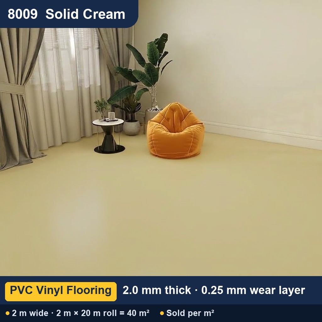 Közületi tömör hátoldalú PVC padló – 8009 egyszínű krém – 2,0 mm – 0,25 mm kopóréteg – 2 m széles