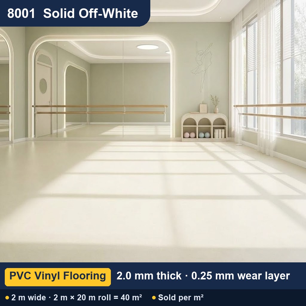 Közületi tömör hátoldalú PVC padló – 8001 egyszínű törtfehér – 2,0 mm – 0,25 mm kopóréteg – 2 m széles