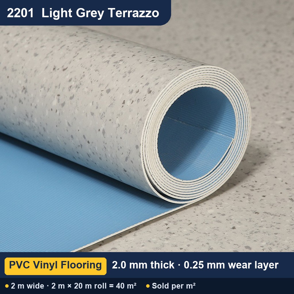 Közületi tömör hátoldalú PVC padló – 2201 világosszürke terrazzo – 2,0 mm – 0,25 mm kopóréteg – 2 m széles