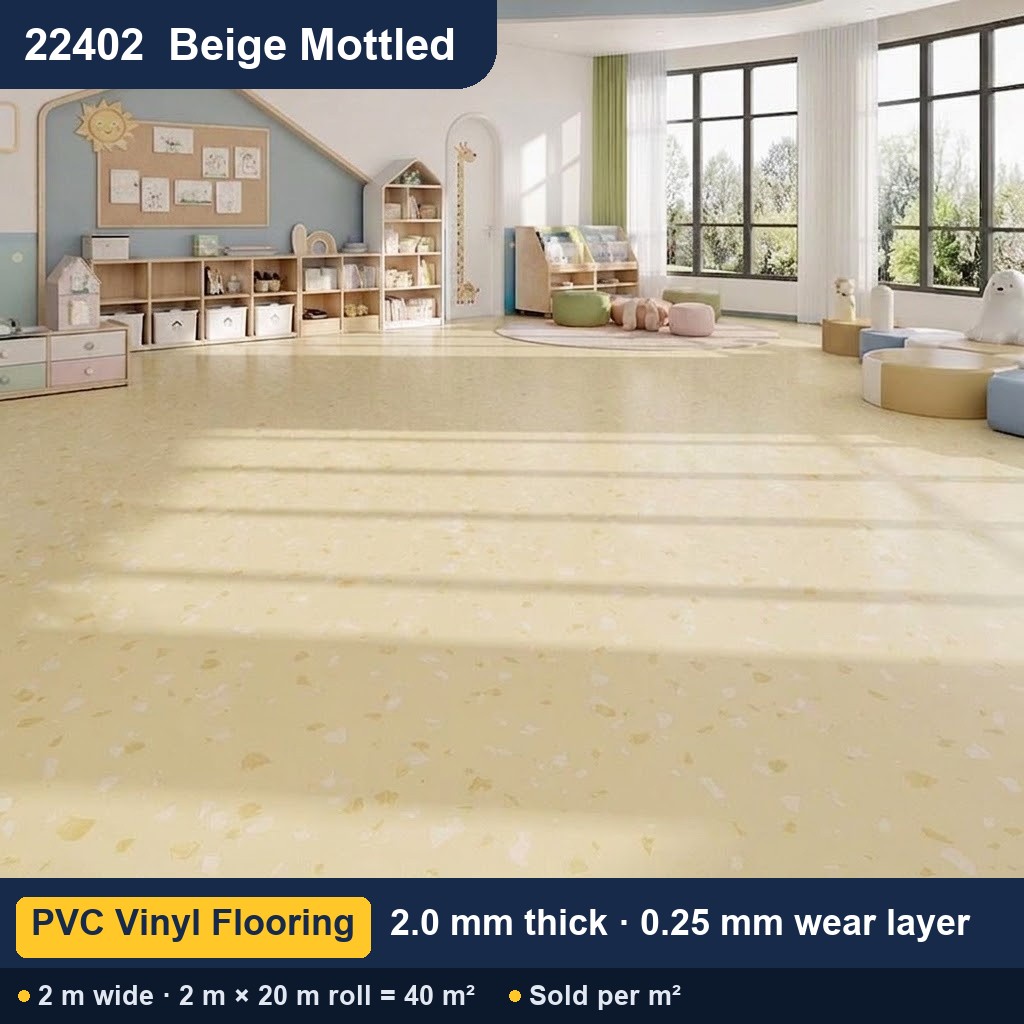 Közületi tömör hátoldalú PVC padló – 22402 bézs melírozott – 2,0 mm – 0,25 mm kopóréteg – 2 m széles
