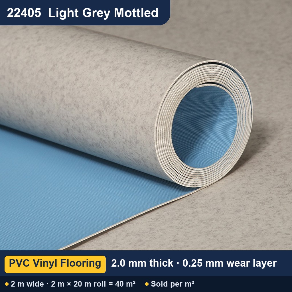 Közületi tömör hátoldalú PVC padló – 22405 világosszürke melírozott – 2,0 mm – 0,25 mm kopóréteg – 2 m széles