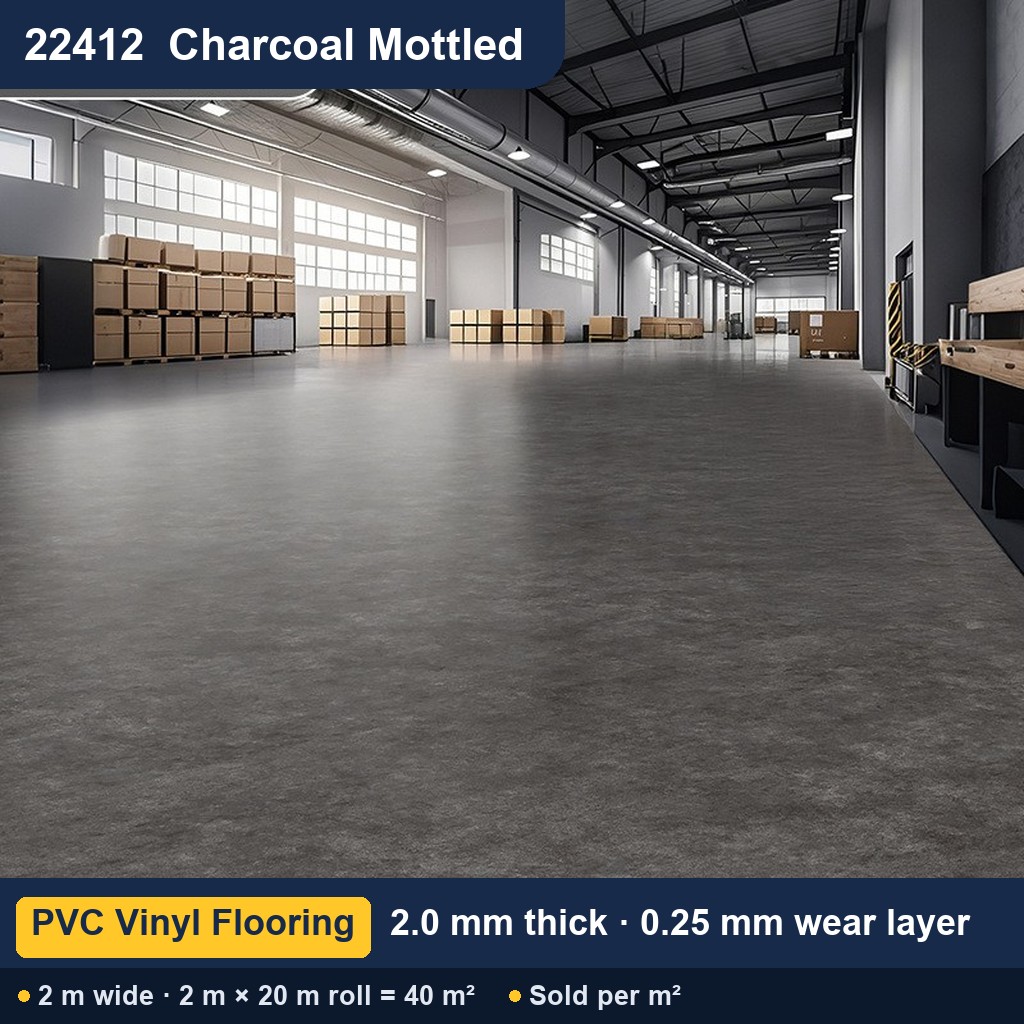 Közületi tömör hátoldalú PVC padló – 22412 antracit melírozott – 2,0 mm – 0,25 mm kopóréteg – 2 m széles