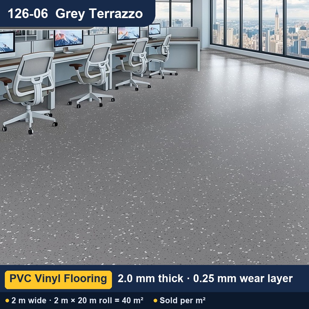 Közületi tömör hátoldalú PVC padló – 126-06 szürke terrazzo – 2,0 mm – 0,25 mm kopóréteg – 2 m széles