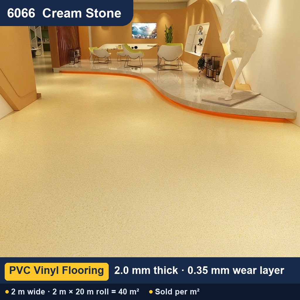 Közületi tömör hátoldalú PVC padló – 6066 krém kőmintás – 2,0 mm – 0,35 mm kopóréteg – 2 m széles
