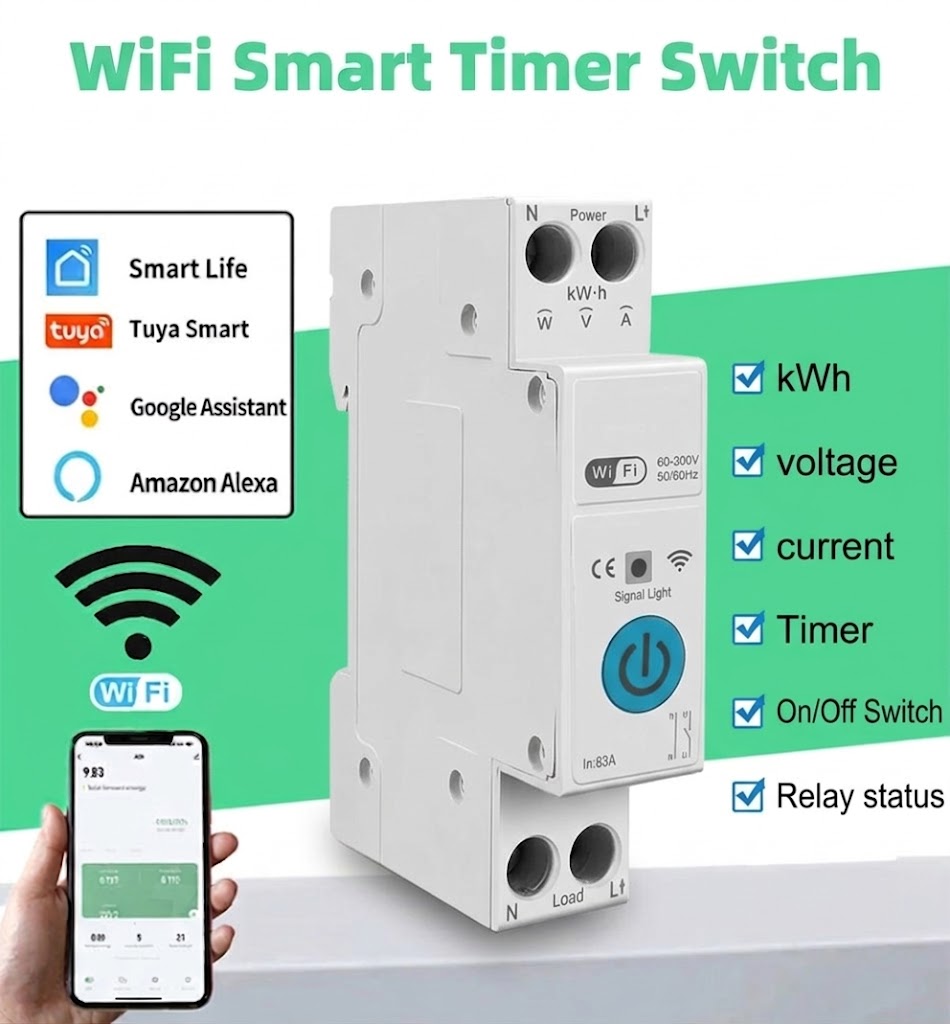 WiFi-s okos időzítő kapcsoló fogyasztásmérővel (DIN sínre szerelhető, 1P+N)