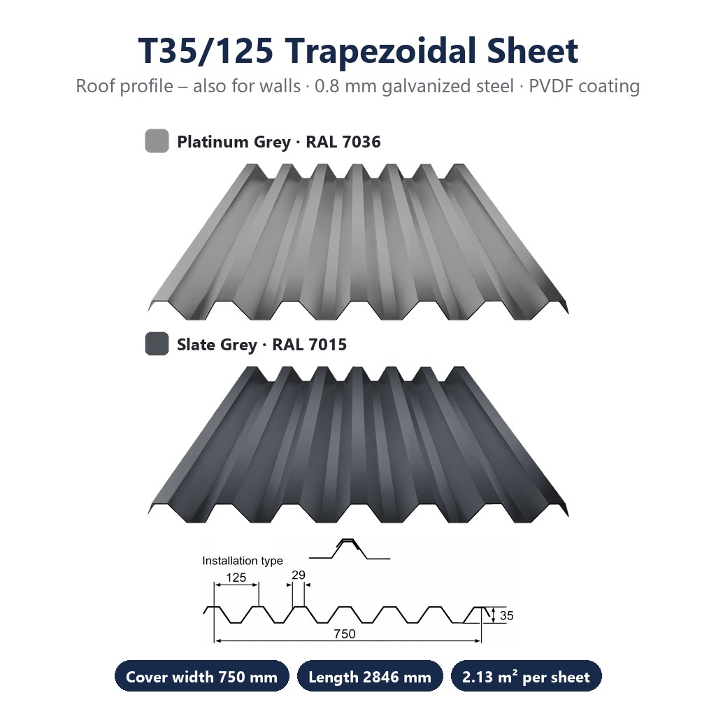 T35/125 trapézlemez – RAL 7036 / 7015 – 0,8 mm vastag – fluorokarbon bevonat – 750 × 2846 mm – 2,13 m²/tábla