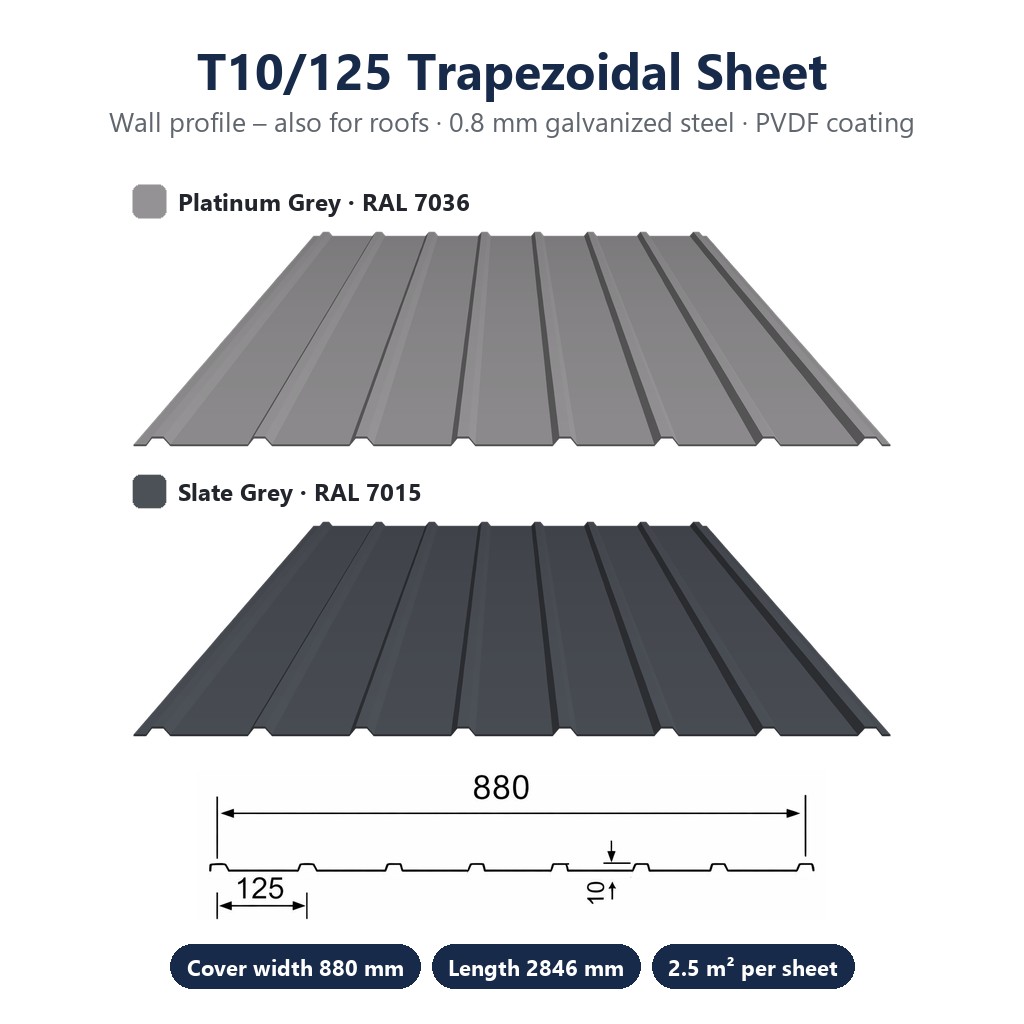 T10/125 trapézlemez – RAL 7036 / 7015 – 0,8 mm vastag – fluorokarbon bevonat – 880 × 2846 mm – 2,5 m²/tábla