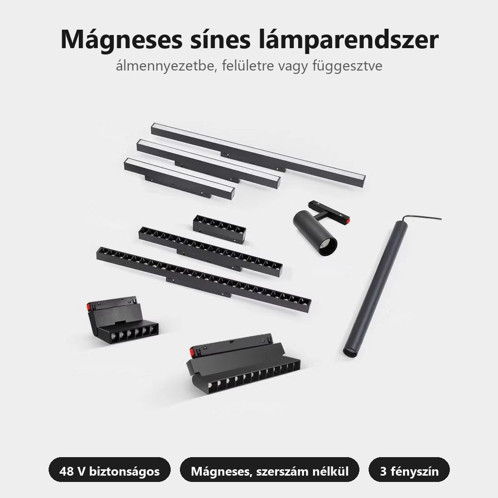 48 V-os mágneses sínes lámparendszer (sínek, tápegységek, lámpák, csatlakozók)