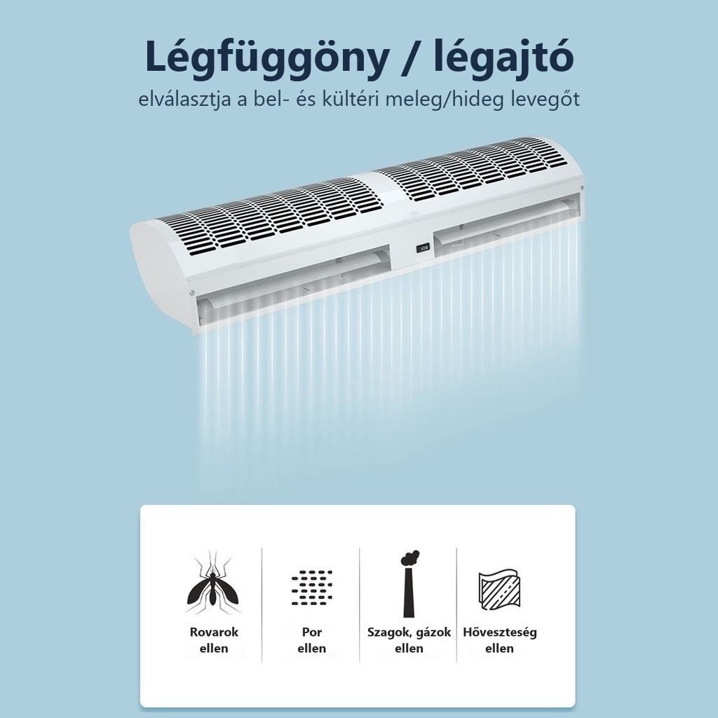 Légfüggöny / légajtó – elválasztja a bel- és kültéri meleg/hideg levegőt, por- és rovarvédelem, takarékos