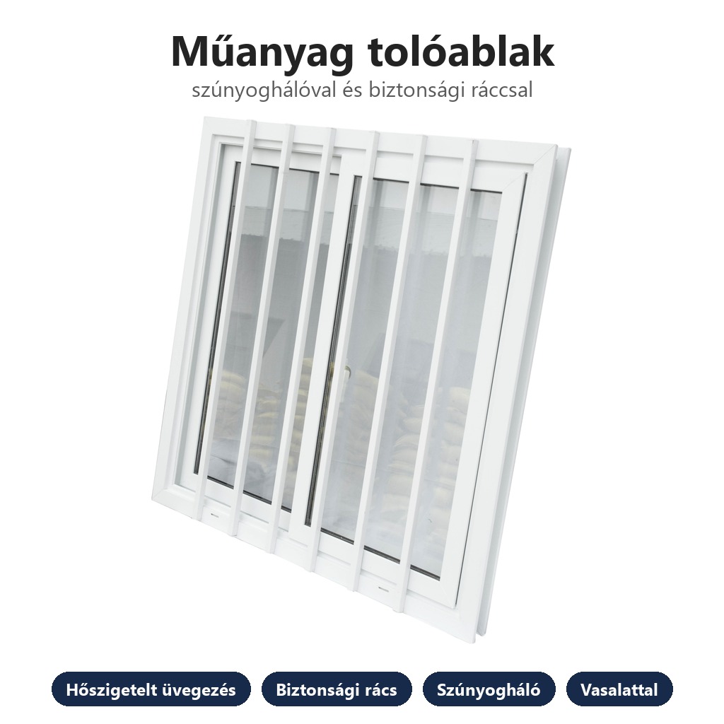 Műanyag tolóablak 1100×920 – 5+6A+5 hőszigetelt üvegezés, biztonsági rács és szúnyogháló, vasalattal