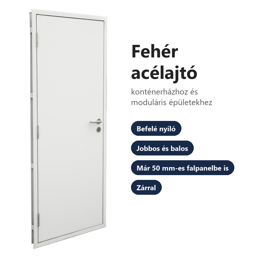 Acélajtó 970×1970 – befelé nyíló, jobbos/balos, már 50 mm-es falpanelbe is, biztonsági vagy tűzgátló zárral
