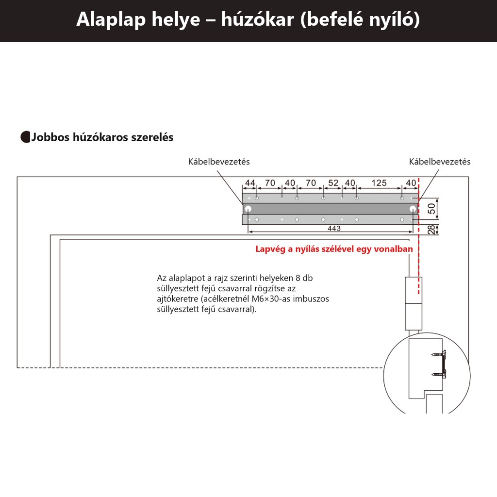Alaplap helye – húzókar (befelé nyíló)